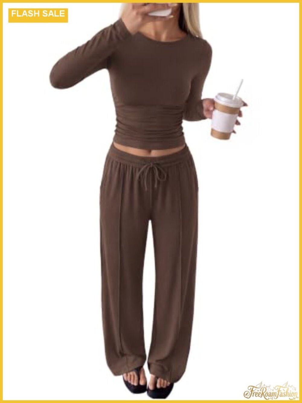 Women's 2 Piece Lounge Set Long Sleeve Top Wide Leg Palazzo Pants Tracksuit